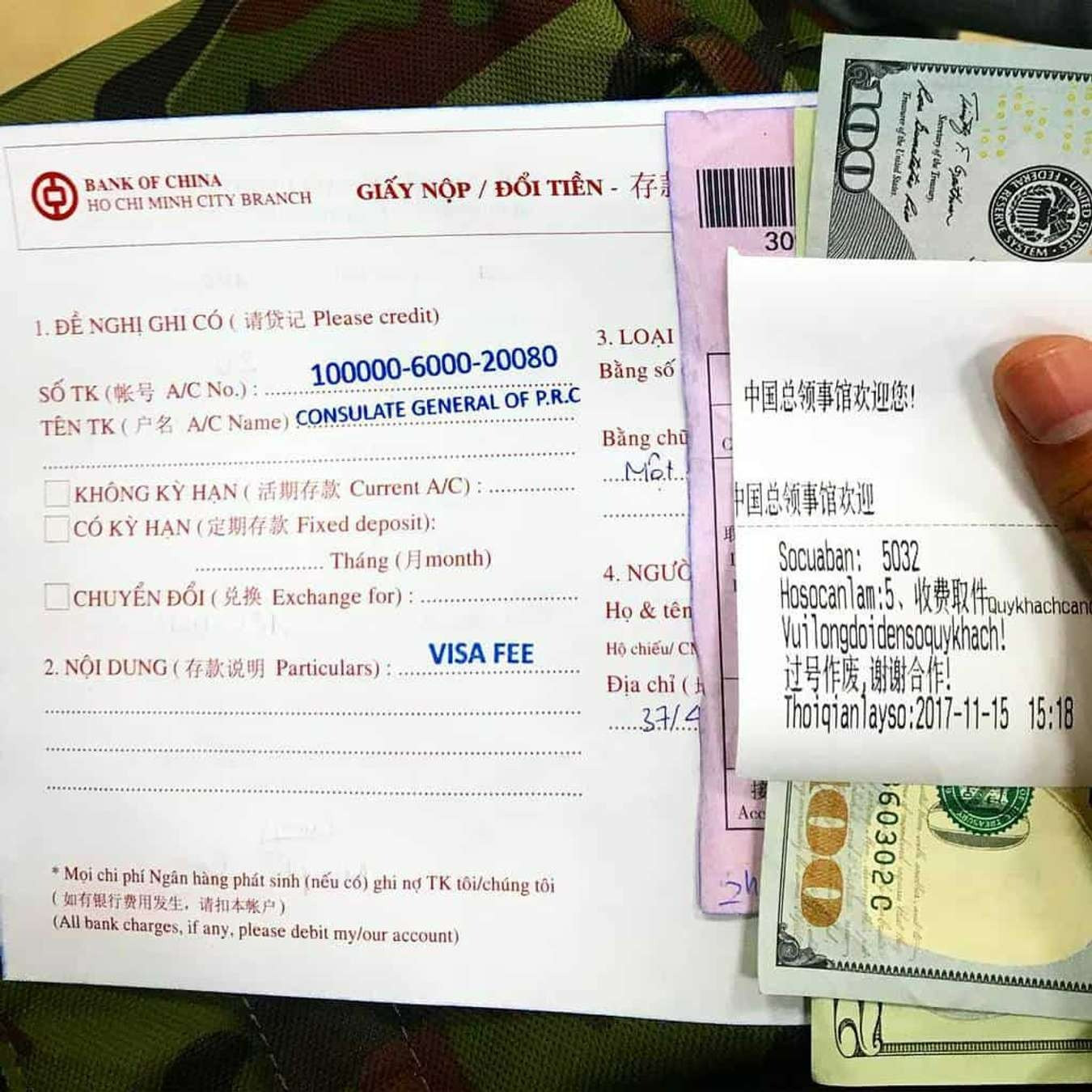 Phiếu biên nhận phí nộp lệ phí visa Trung Quốc