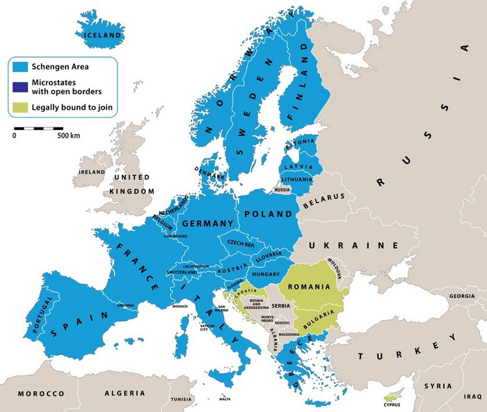 Bản đồ các nước thuộc khối Schengen