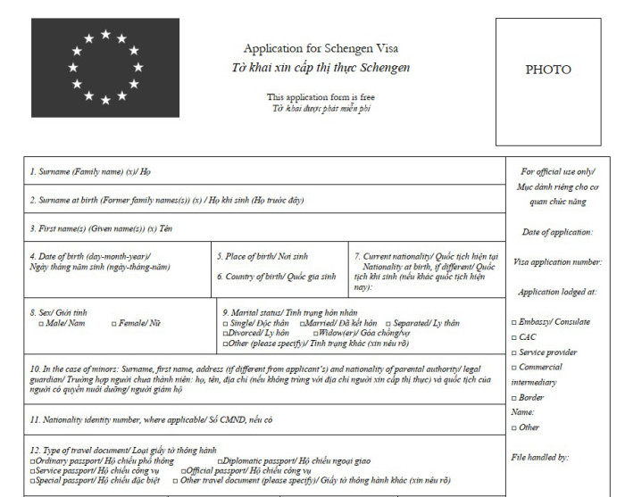 tờ khai xin cấp visa schengen