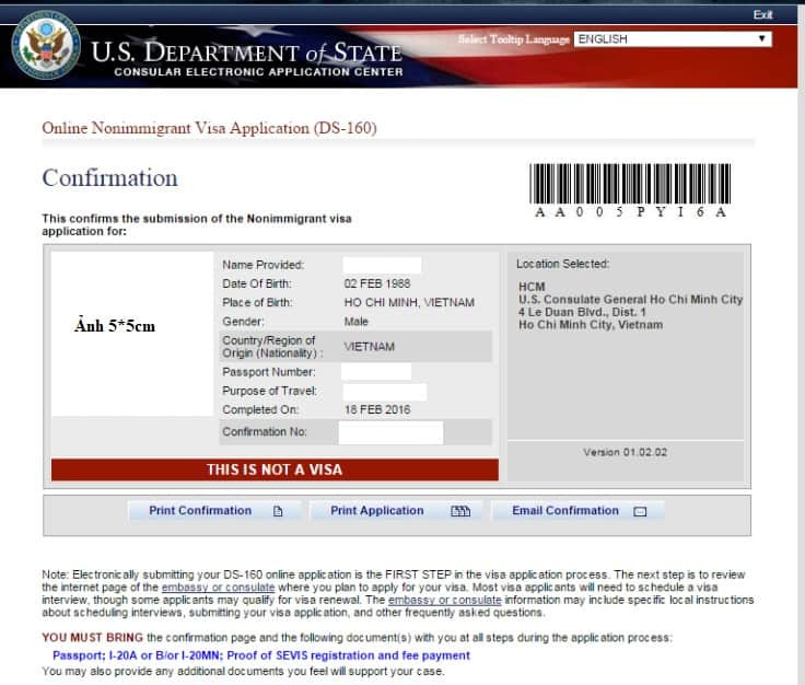 Mẫu đơn xin visa đi Mỹ DS-160 