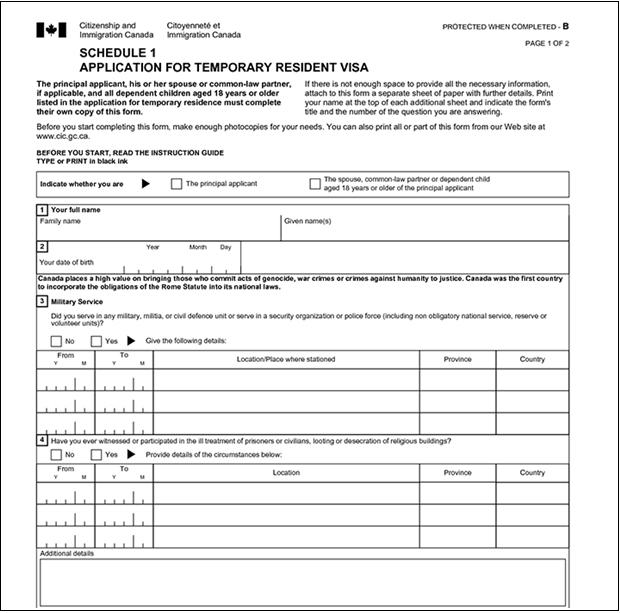 Mẫu đơn xin visa du lịch Canada
